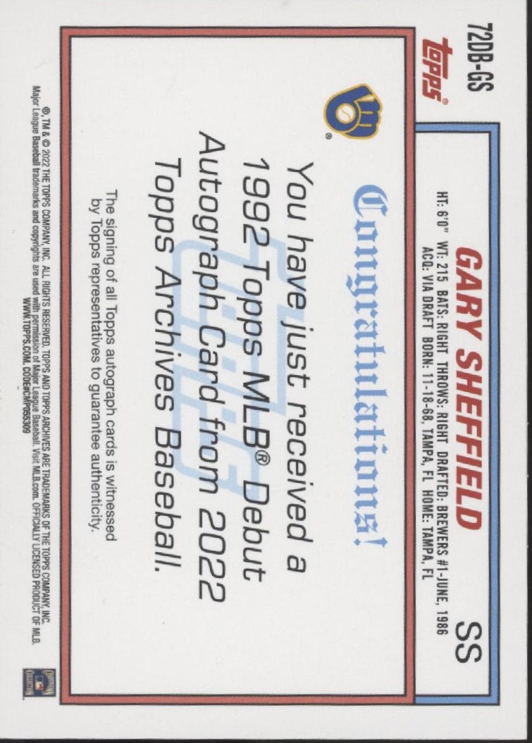 Gary Sheffield 2022 Topps Archives '92 MLB Debut Auto #72DB-GS