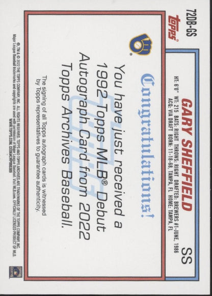 Gary Sheffield 2022 Topps Archives '92 MLB Debut Auto #72DB-GS