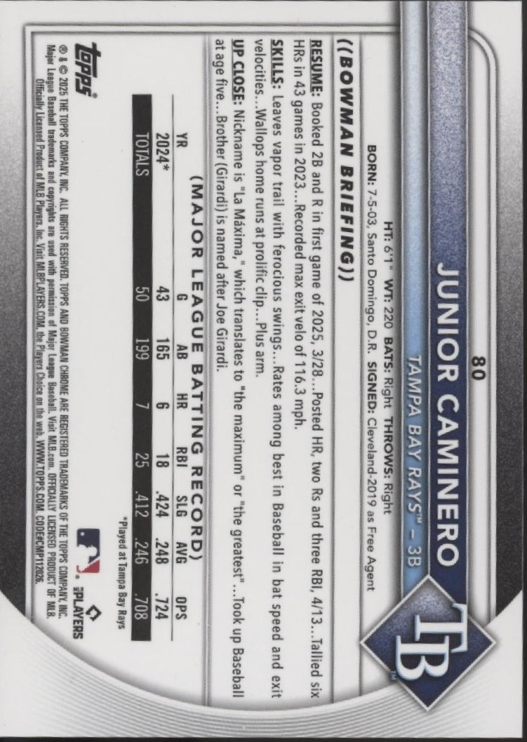Junior Caminero 2025 Bowman Chrome Orange Cracked Ice Refractor 14/25 #80
