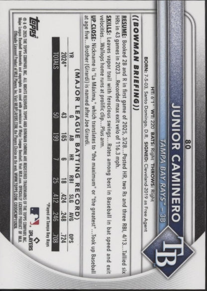 Junior Caminero 2025 Bowman Chrome Orange Cracked Ice Refractor 14/25 #80