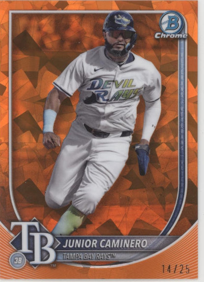 Junior Caminero 2025 Bowman Chrome Orange Cracked Ice Refractor 14/25 #80