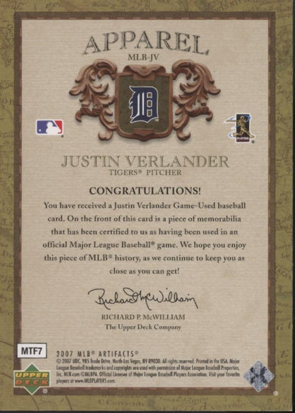 Justin Verlander 2007 Upper Deck Artifacts Apparel Swatch 119/199 #MLB-JV
