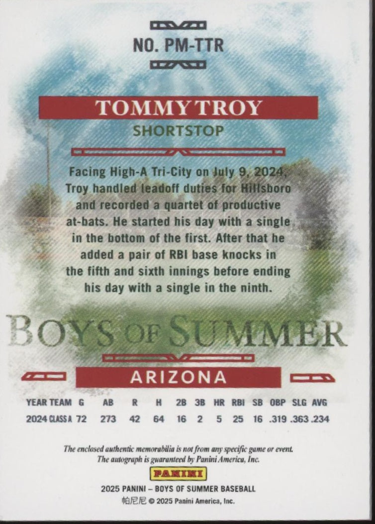 Tommy Troy 2025 Panini Boys of Summer Swatch Auto 74/99 #PM-TTR