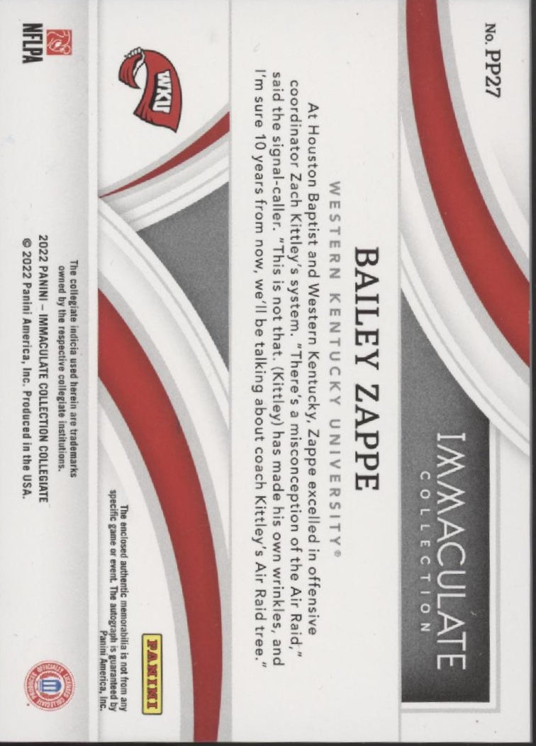Bailey Zappe 2022 Panini Immaculate Collection Swatch Auto #PP27 09/49