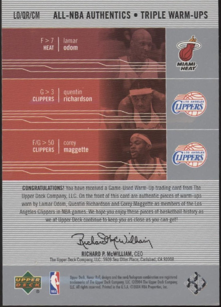 Odom / Richardson / Maggette 2004-05 Upper Deck Triple Warm-Ups Swatches