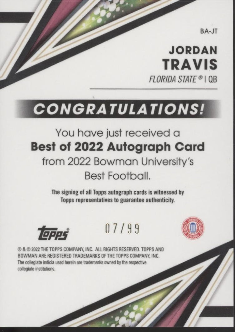 Jordan Travis 2022 Bowman's Best University Green Refractor Auto 07/99 #BA-JT