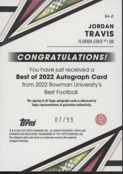 Jordan Travis 2022 Bowman's Best University Green Refractor Auto 07/99 #BA-JT