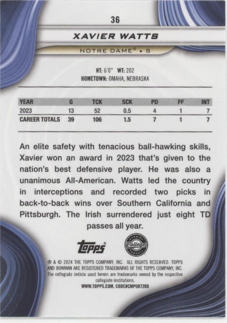 Xavier Watts 2024 Bowman's Best University Pink Lava Refractor 018/100 #36