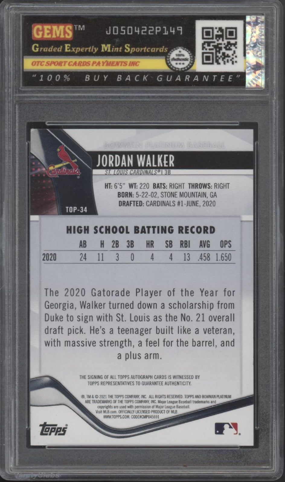 Jordan Walker 2020 Bowman Platinum Auto #TOP-34 149/150 GEMS 10