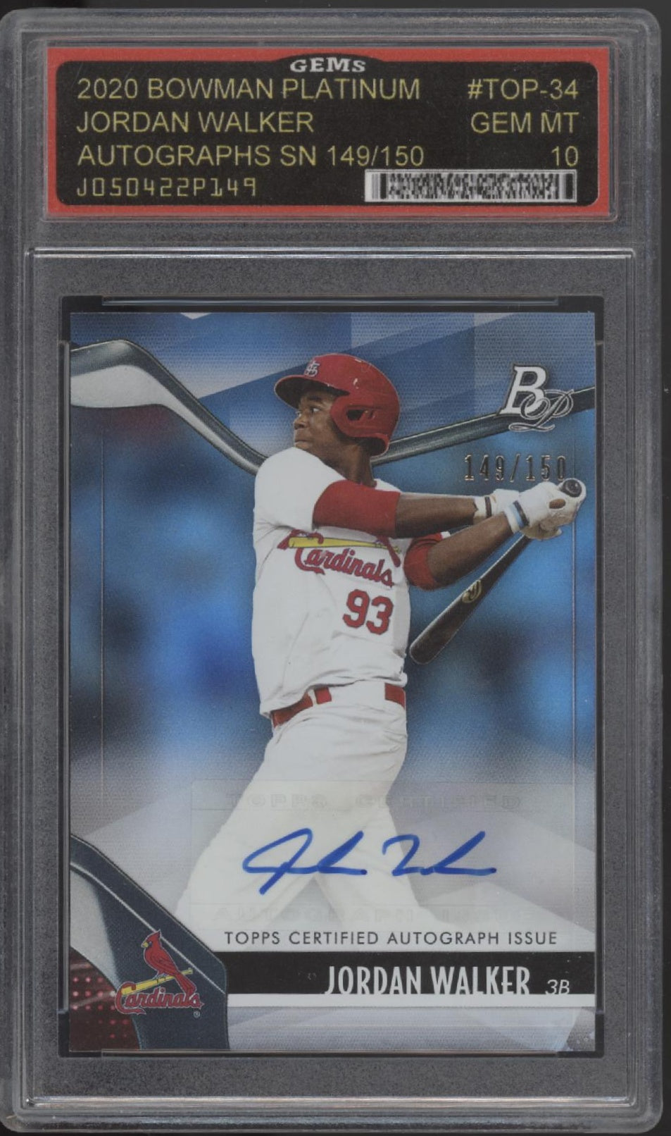 Jordan Walker 2020 Bowman Platinum Auto #TOP-34 149/150 GEMS 10