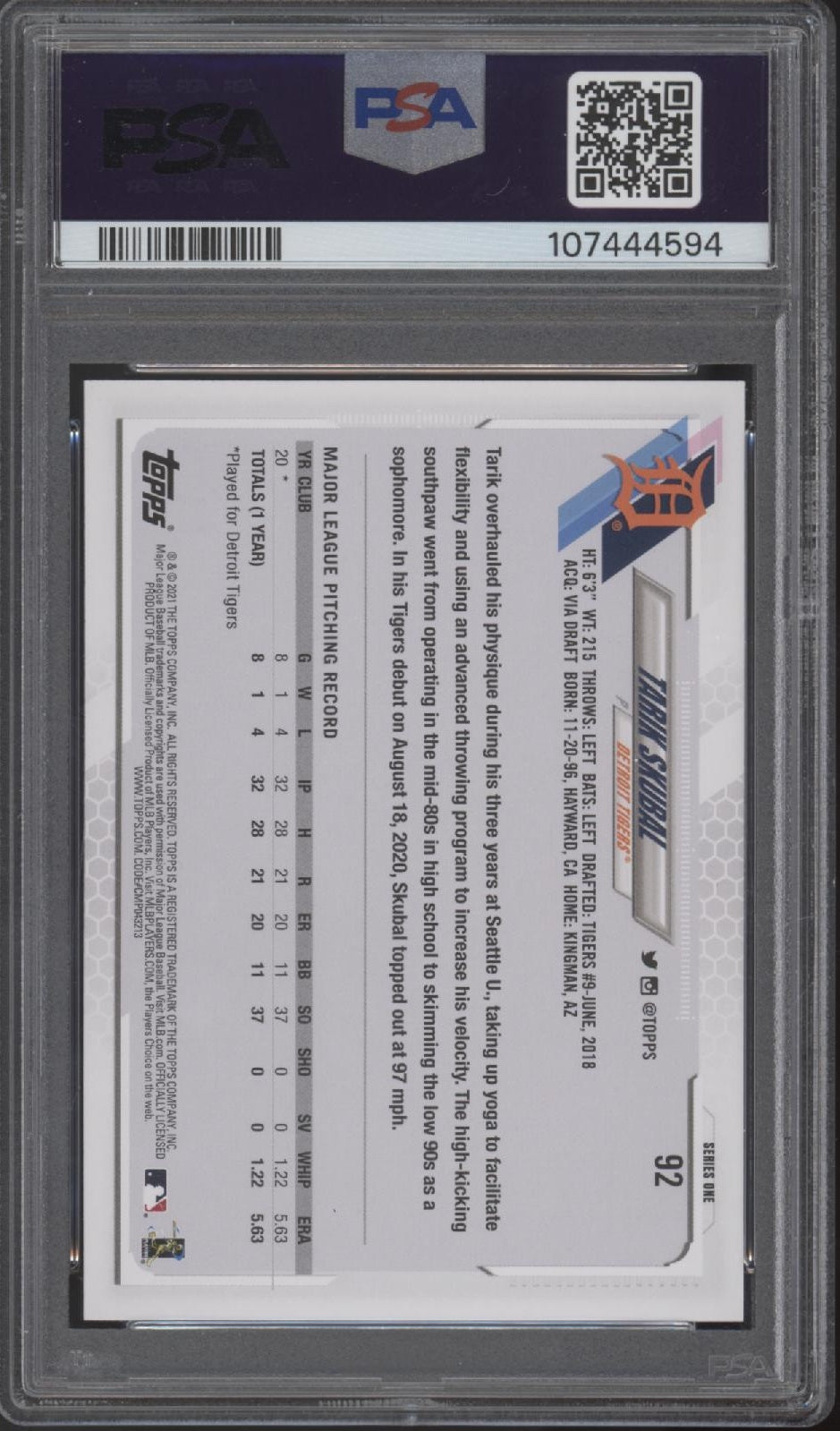 Tarik Skubal 2021 Topps Series 1 RC #92 PSA 9 #2