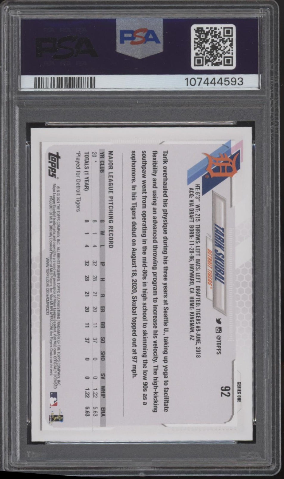 Tarik Skubal 2021 Topps Series 1 RC #92 PSA 9 #3