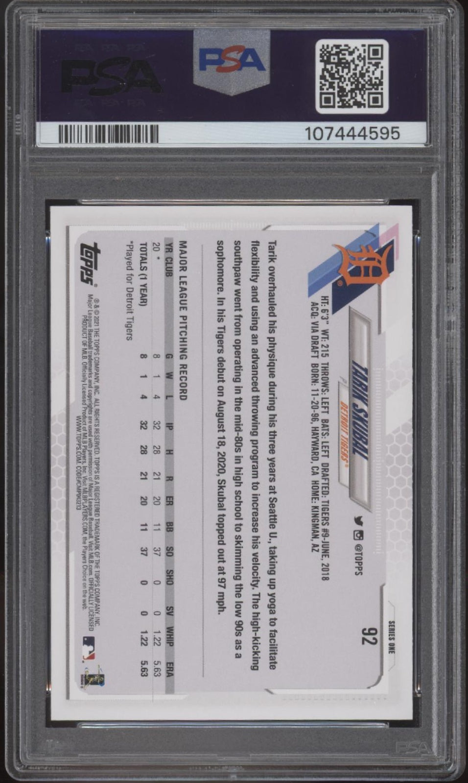 Tarik Skubal 2021 Topps Series 1 RC #92 PSA 10 #1