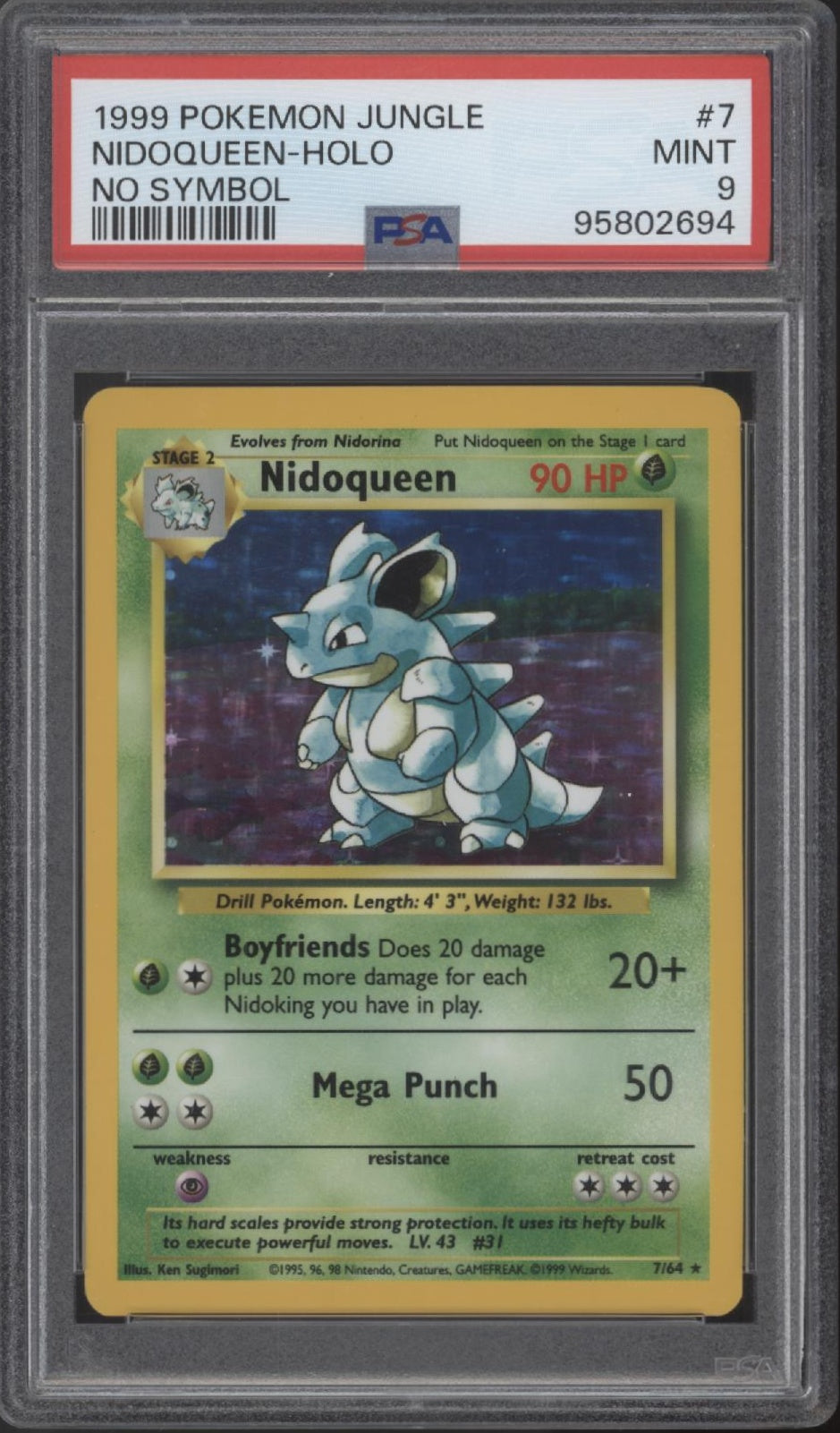Nidoqueen Pokemon Jungle No Symbol Error Card #7 PSA 9