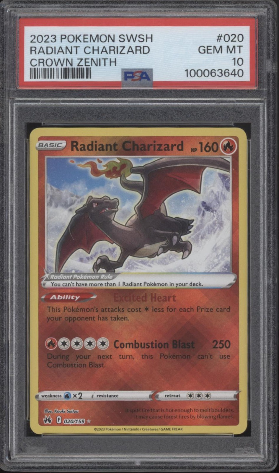 Radiant Charizard Pokemon Crown Zenith #020 PSA 10