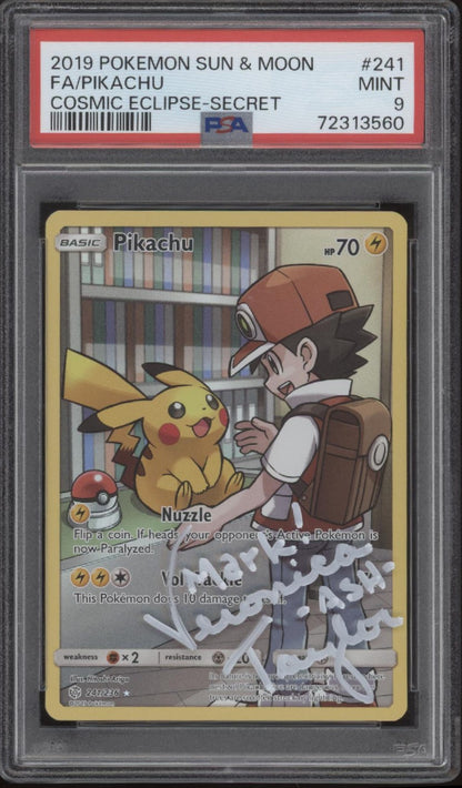 Pikachu Pokemon Cosmic Eclipse Secret Full Art PSA 9 with Veronica Taylor Auto