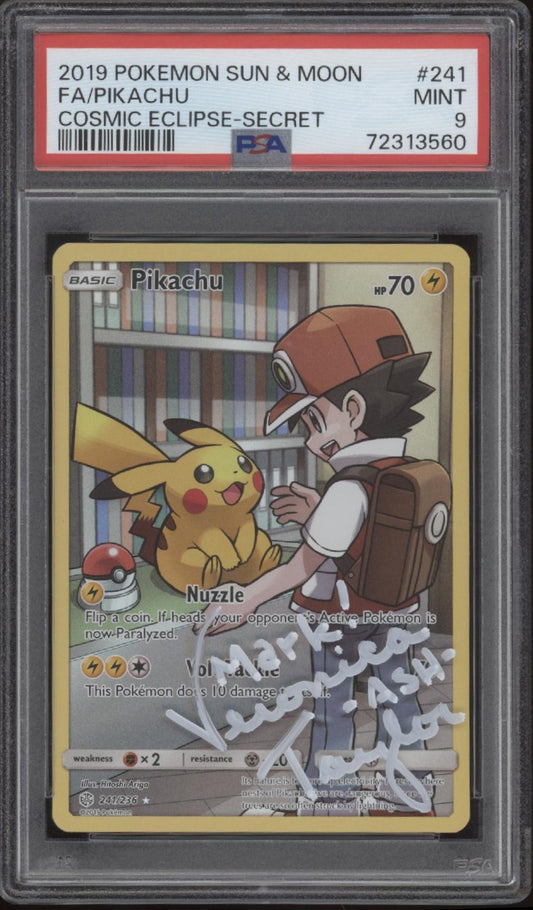 Pikachu Pokemon Cosmic Eclipse Secret Full Art PSA 9 with Veronica Taylor Auto