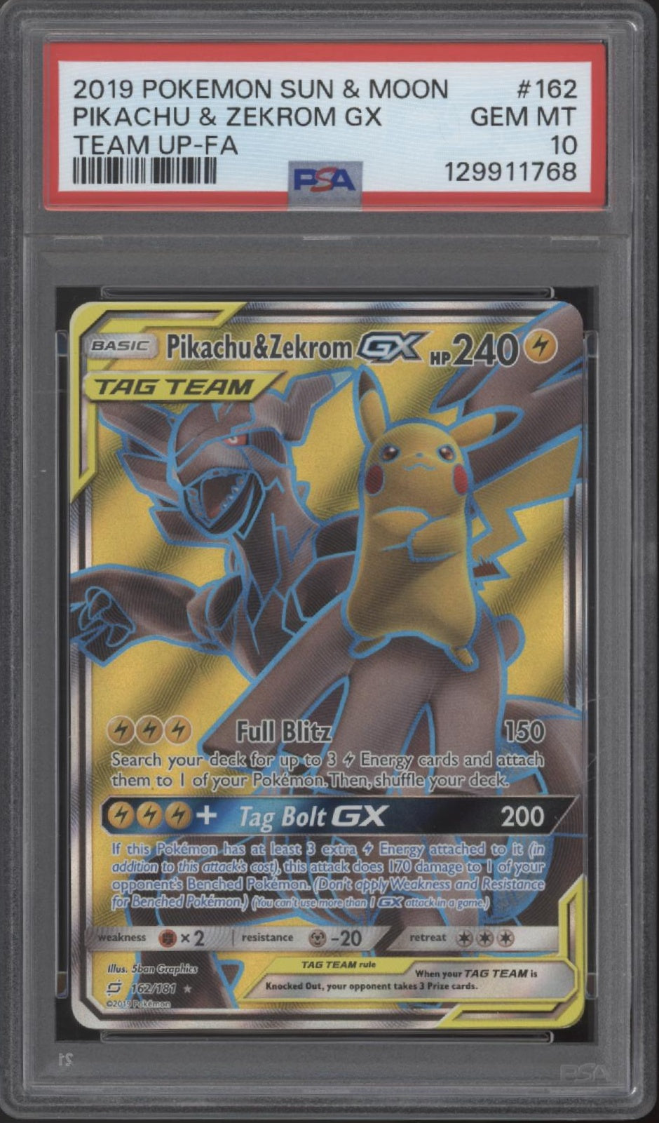 Pikachu & Zekrom GX Pokemon Team Up Full Art #162 PSA 10