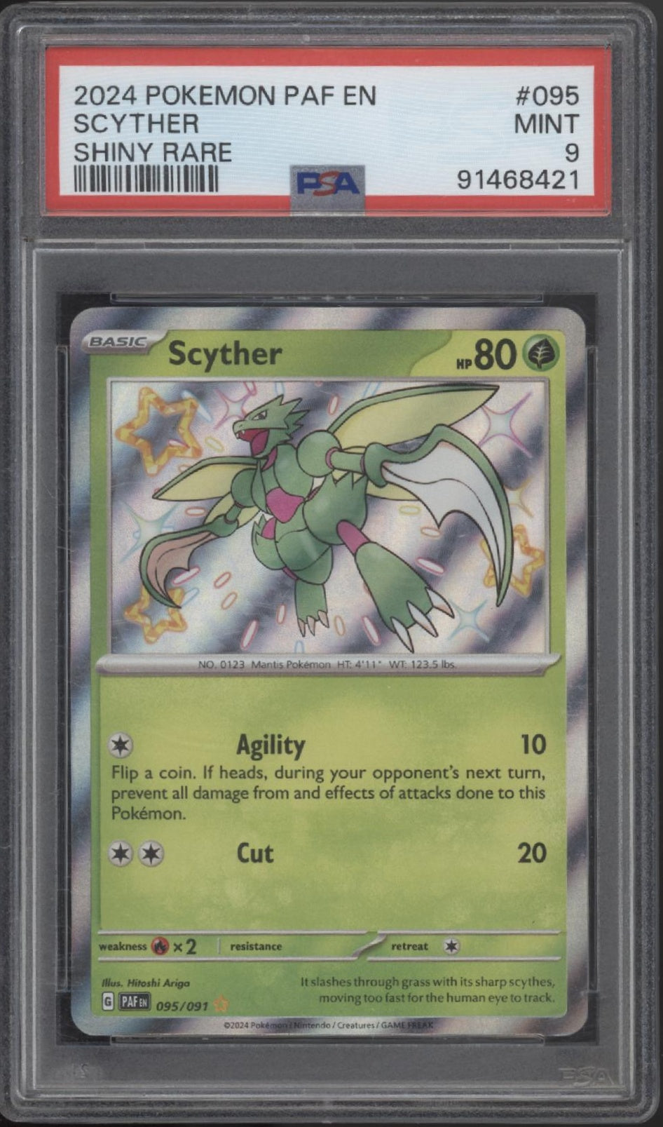 Scyther Pokemon Paldean Fates Shiny Rare #095 PSA 9