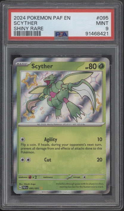 Scyther Pokemon Paldean Fates Shiny Rare #095 PSA 9