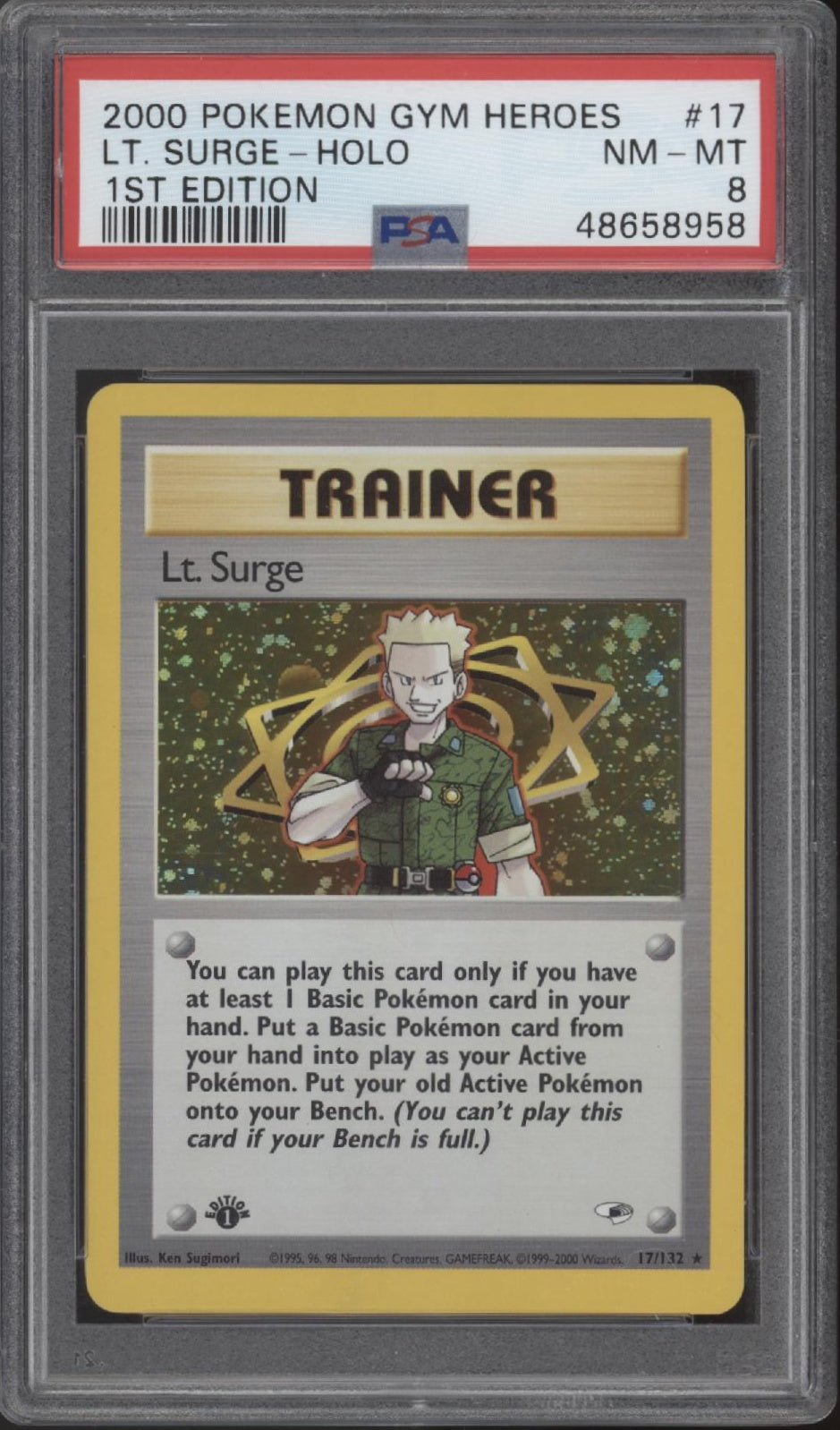 Lt. Surge Pokemon Gym Heroes Holo 1st Edition #17 PSA 8