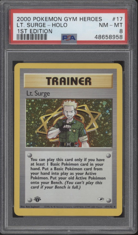 Lt. Surge Pokemon Gym Heroes Holo 1st Edition #17 PSA 8