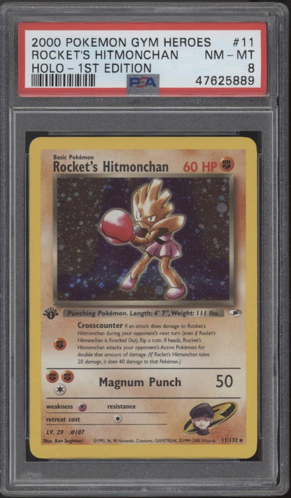 Rocket's Hitmonchan Pokemon Gym Heroes Holo 1st Edition #11 PSA 8