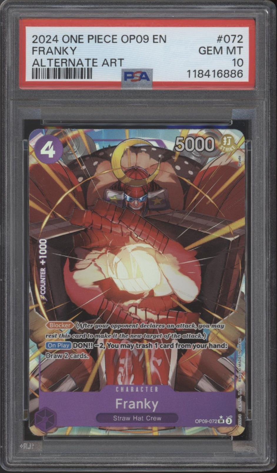 Franky One Piece Card Game Emperors in the New World Alt Art #072 PSA 10