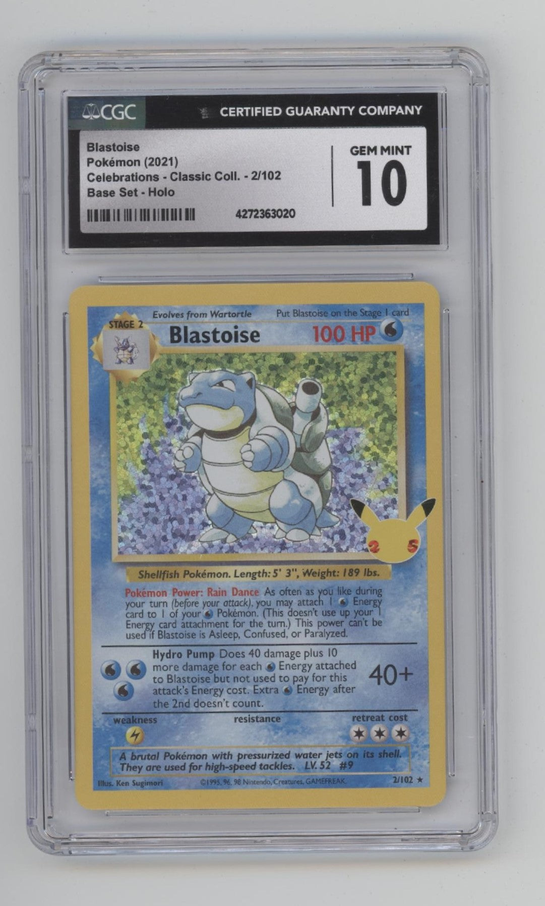 Blastoise Pokemon Celebrations Classic Collection Base Set Holo #2 CGC 10