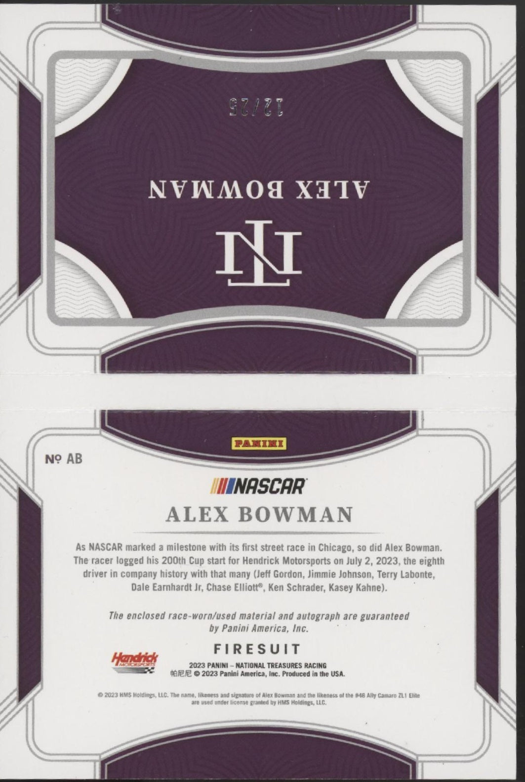 Alex Bowman 2023 Panini National Treasures Firesuit Auto 12/25