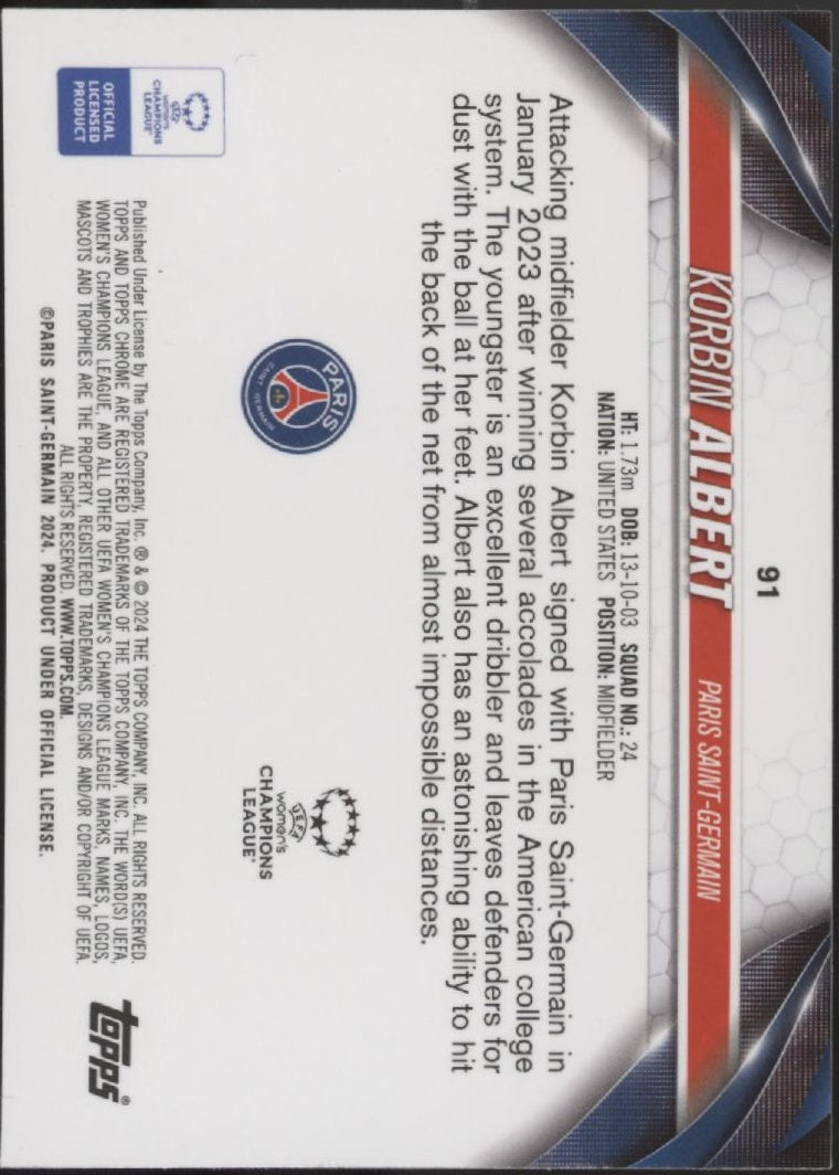 Korbin Albert 2024 Topps Chrome UEFA Woman's CL Red Refractor RC 34/99