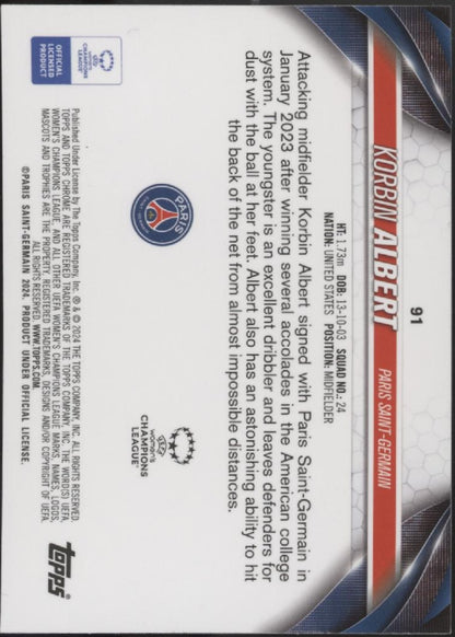 Korbin Albert 2024 Topps Chrome UEFA Woman's CL Red Refractor RC 34/99