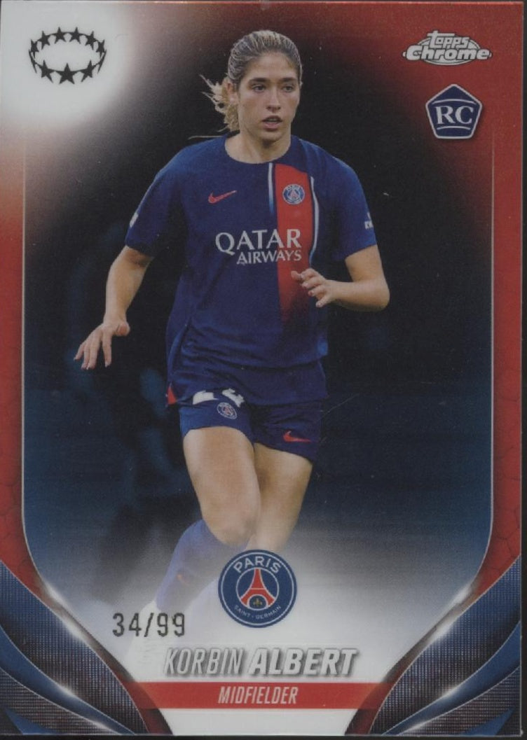 Korbin Albert 2024 Topps Chrome UEFA Woman's CL Red Refractor RC 34/99