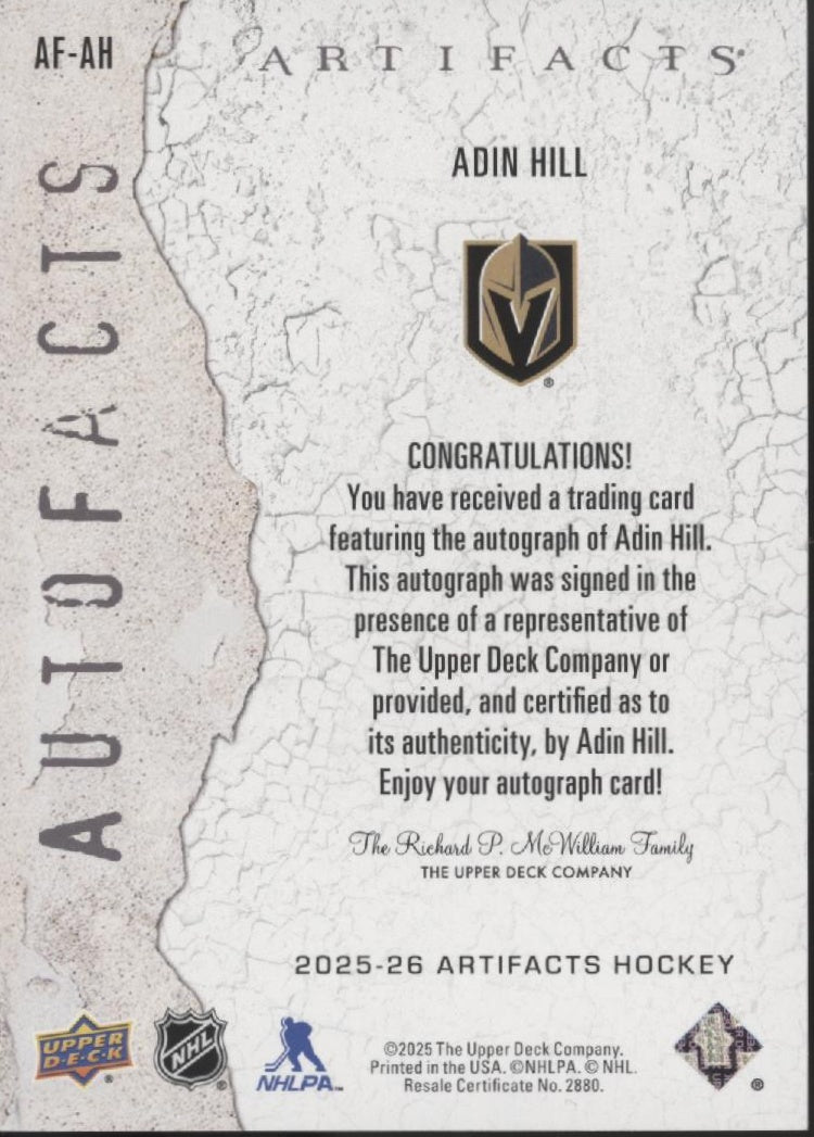 Adin Hill 2025-26 Upper Deck Artifacts Auto #AF-AH