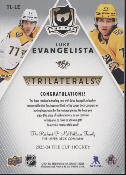 Luke Evangelista 2023-24 Upper Deck The Cup Trilaterals Swatch RC 33/33
