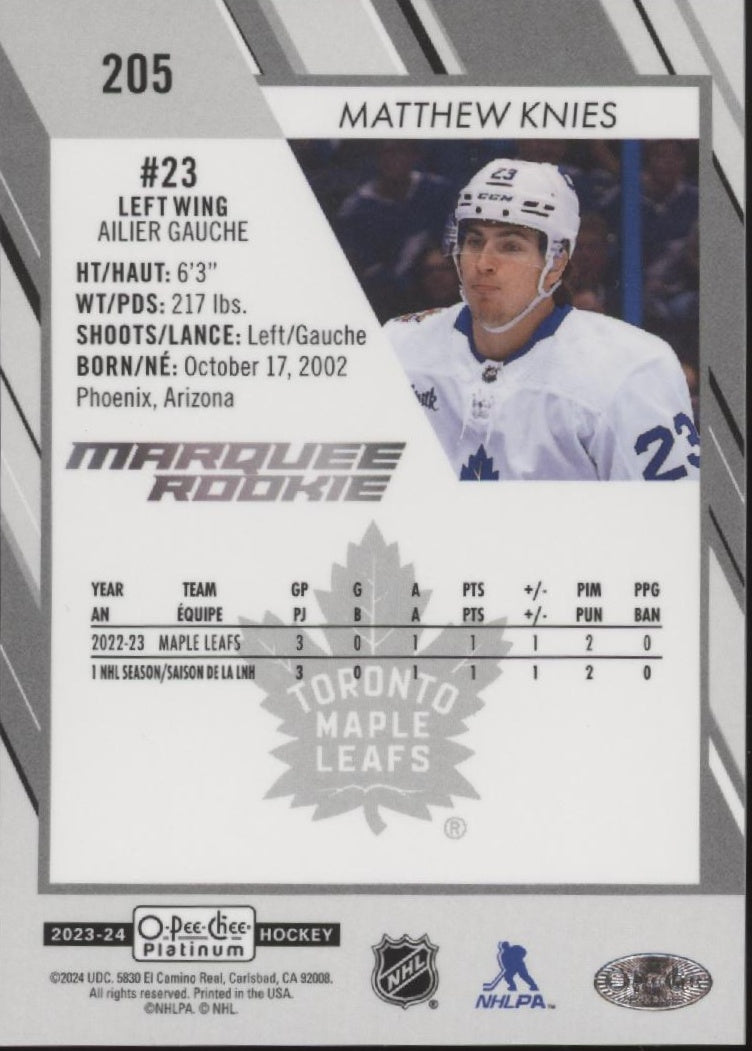 Matthew Knies 2023-24 O-Pee-Chee Platinum Marquee Rookie Refractor RC #205