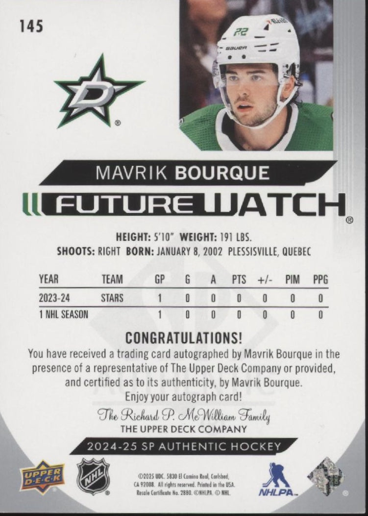Mavrik Bourque 2024-25 Upper Deck SP Authentic Future Swatch Auto 393/999 #145