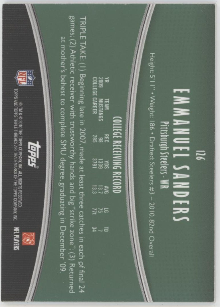 Emmanuel Sanders 2010 Topps Triple Threads Green Swatch RC Auto 27/50 #126