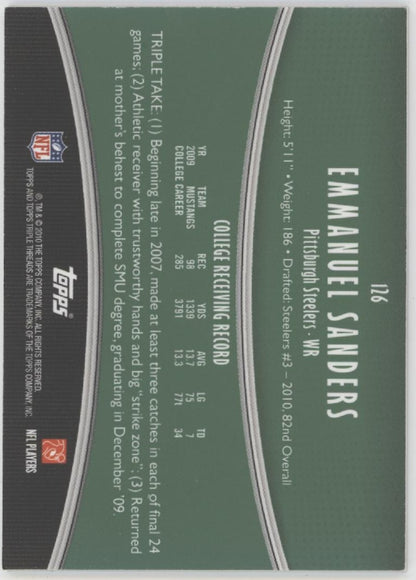 Emmanuel Sanders 2010 Topps Triple Threads Green Swatch RC Auto 27/50 #126