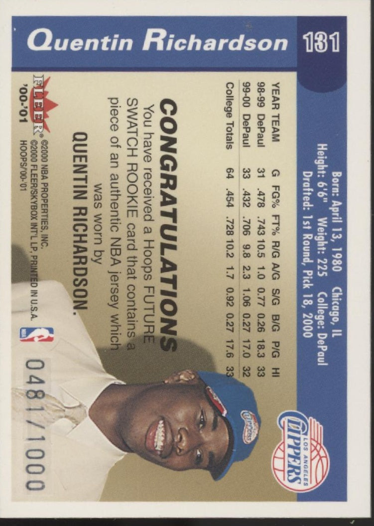 Quentin Richardson 2000-01 Fleer Hoops Hot Prospects Future Swatch RC 0481/1000