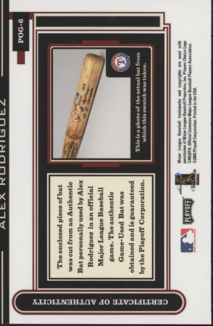 Alex Rodriguez 2003 Playoff Piece of the Game Bat Relic #POG-6