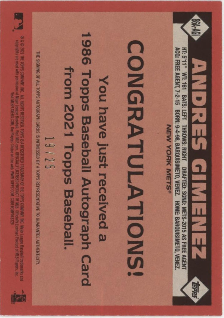 Andres Gimenez 2021 Topps 35th Anniversary '86 Auto 19/25 #86A-AGI
