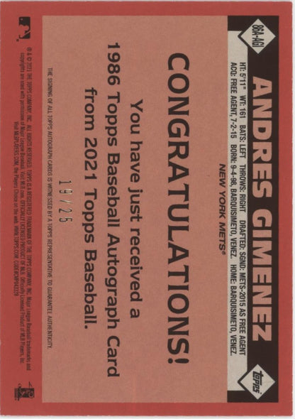 Andres Gimenez 2021 Topps 35th Anniversary '86 Auto 19/25 #86A-AGI