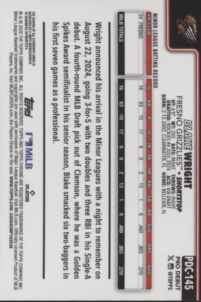 Blake Wright 2025 Topps Chrome Pro Debut Orange Refractor Auto 13/25 #PDC-145