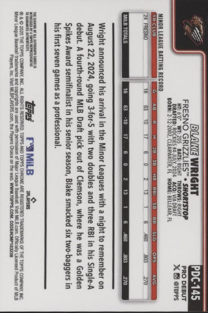 Blake Wright 2025 Topps Chrome Pro Debut Orange Refractor Auto 13/25 #PDC-145
