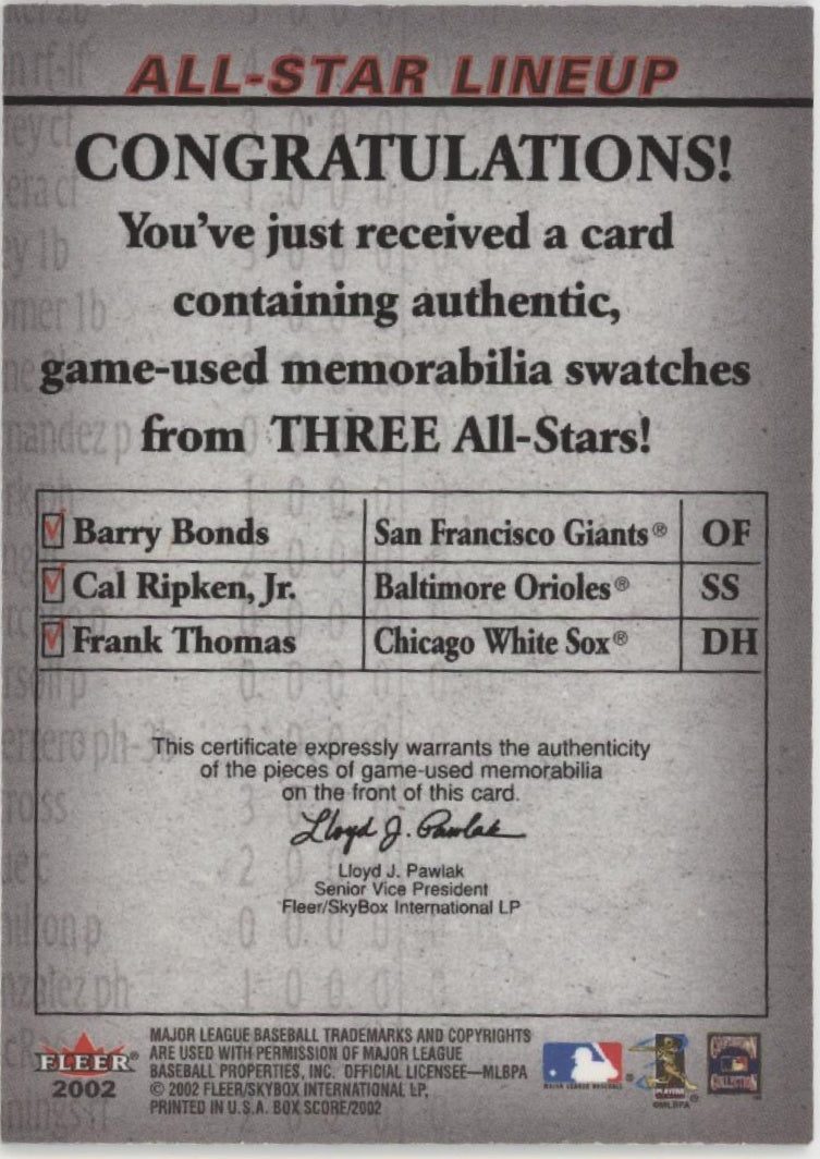 Bonds / Ripken / Thomas 2002 Fleer Box Score All-Star Lineup Relics