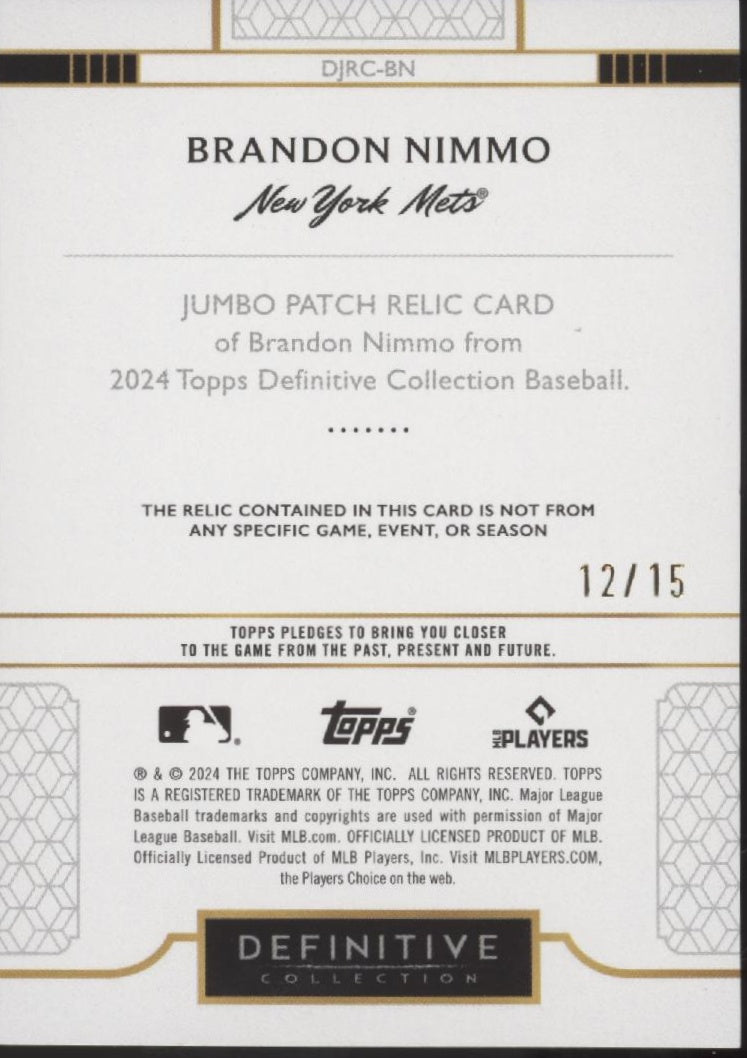 Brandon Nimmo 2024 Topps Definitive Collection Swatch 12/15 #DJRC-BN