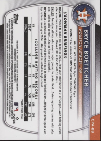 Bryce Boettcher 2025 Bowman Chrome Prospects Blue Refractor Auto 118/150 #CPA-BB