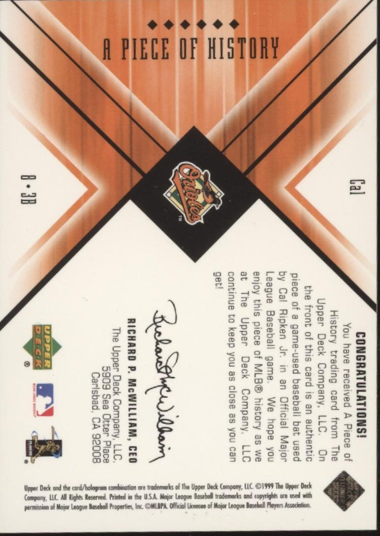 Cal Ripken Jr. 1999 Upper Deck Black Diamond A Piece of History Bat Relic