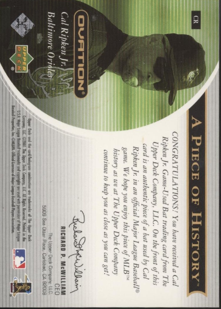 Cal Ripken Jr. 2001 Donruss Ovation A Piece of History Bat Relic #CR
